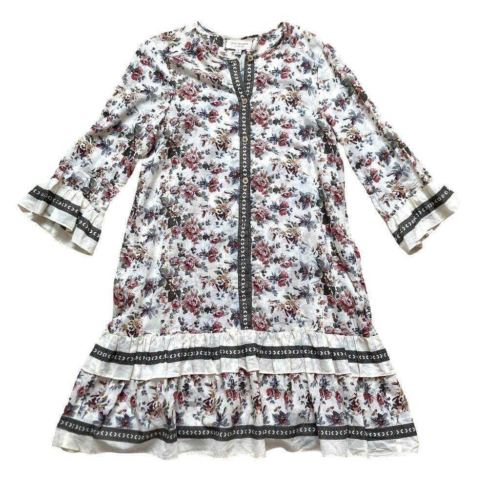 Max Studio Cotton Bell Sleeve Ruffle Hem Floral Dress Size Small Boho Vintage